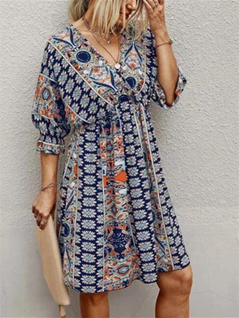 Women's Short Sleeve V-neck Floral Printed Lace-up Midi Dress