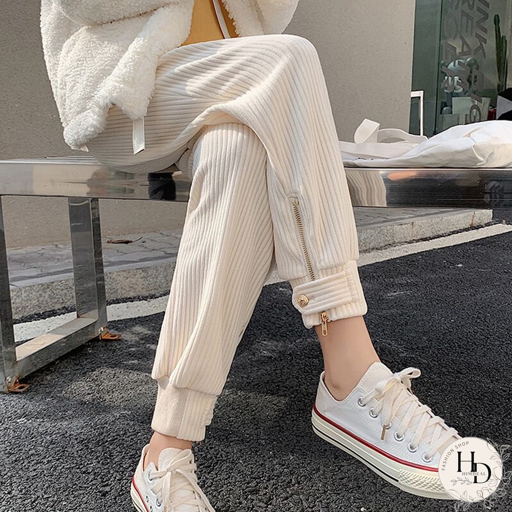 Winter Corduroy Pants Women Korean Fashion Zipper Elastic High Waist Pencil Pant Causal Loose Baggy Trousers Streetwear Mujer