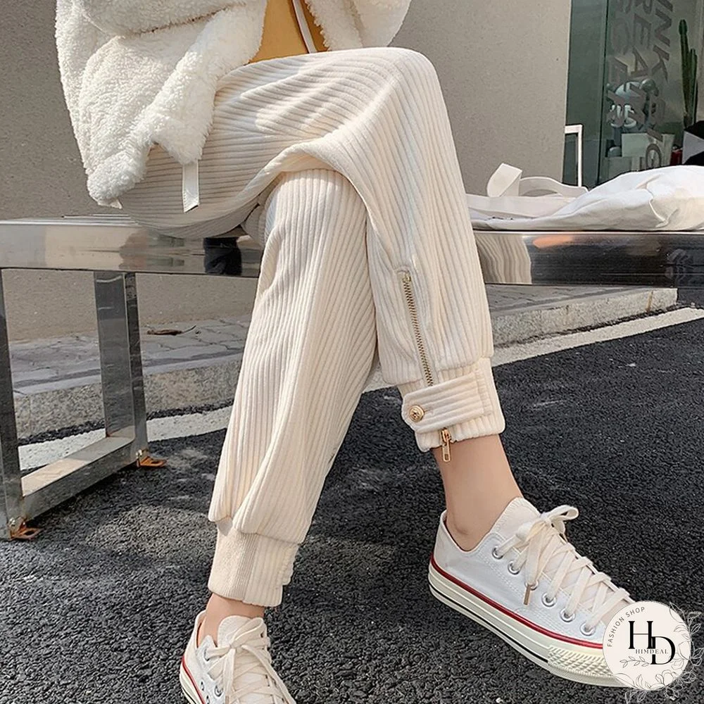 Winter Corduroy Pants Women Korean Fashion Zipper Elastic High Waist Pencil Pant Causal Loose Baggy Trousers Streetwear Mujer