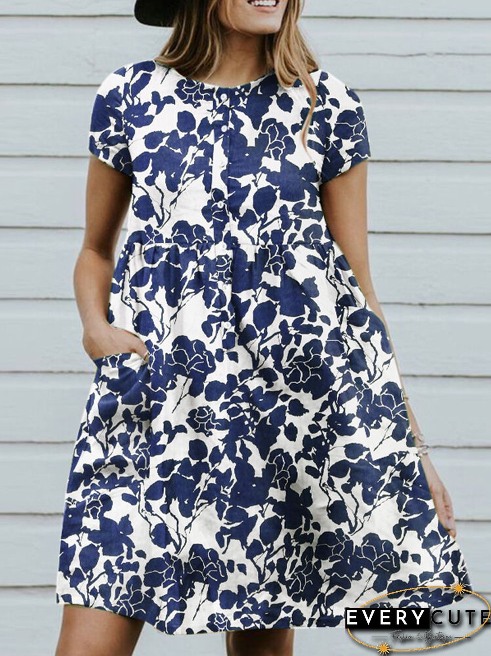 Random Allover Leaves Print Pocket Short Sleeve Button Dress