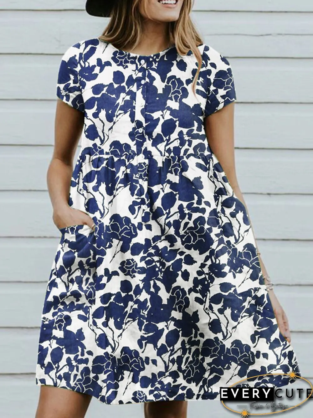 Random Allover Leaves Print Pocket Short Sleeve Button Dress