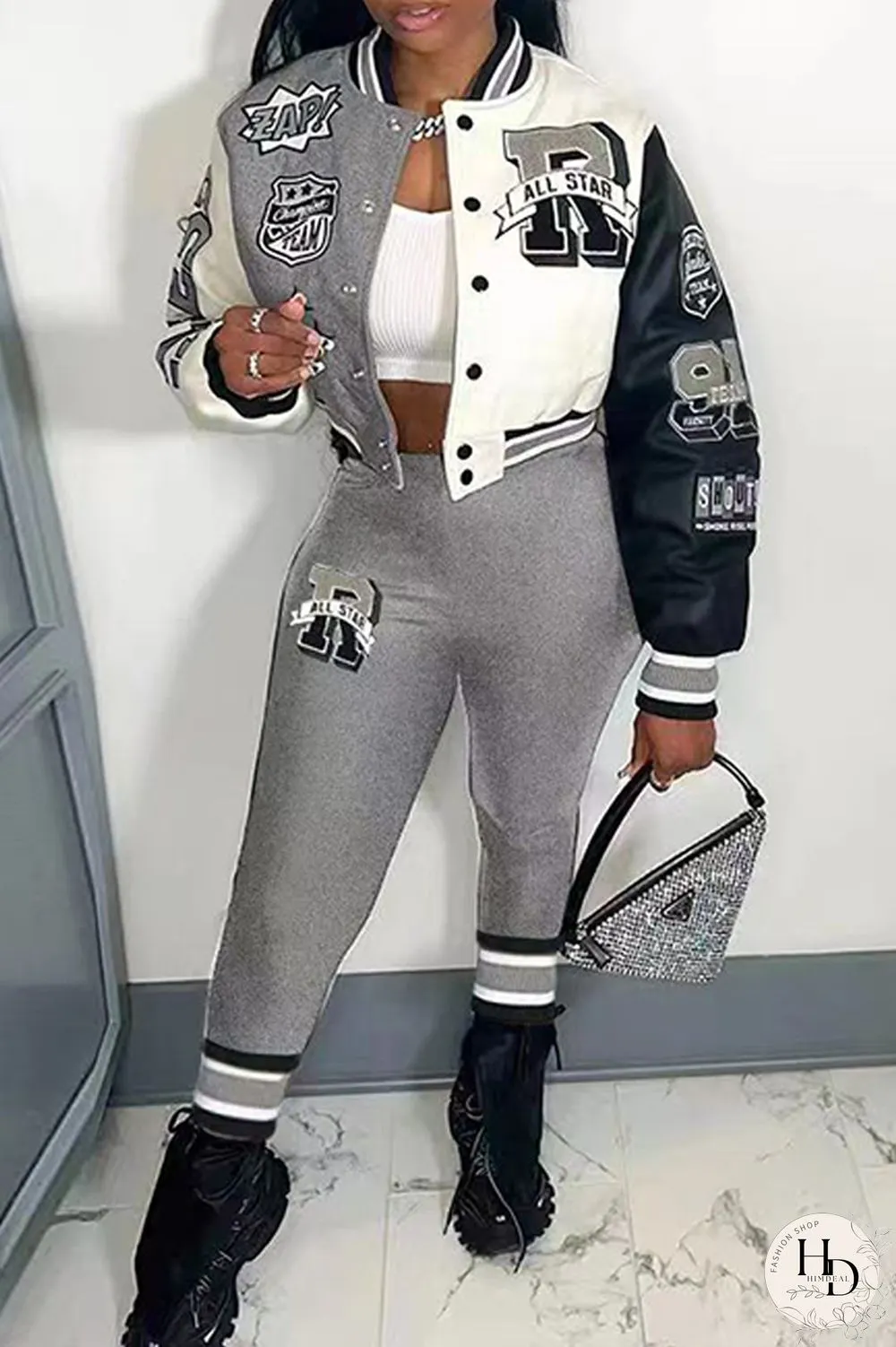 Rose Red Casual Letter Print Patchwork Cardigan O Neck Long Sleeve Two Pieces