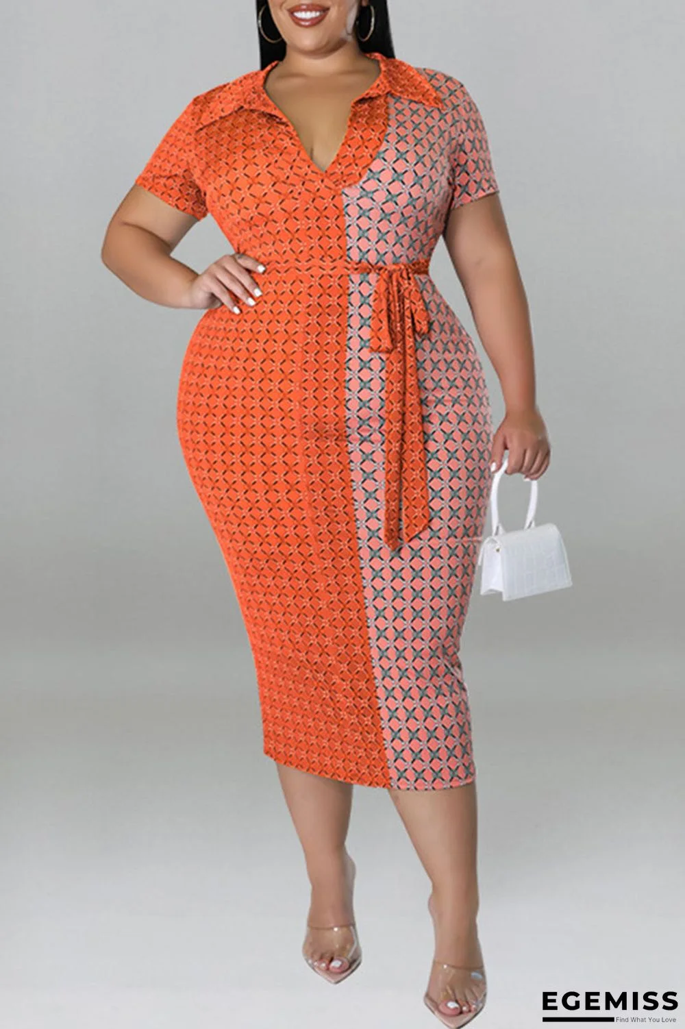Orange Red Casual Print Bandage Patchwork V Neck One Step Skirt Plus Size Dresses | EGEMISS