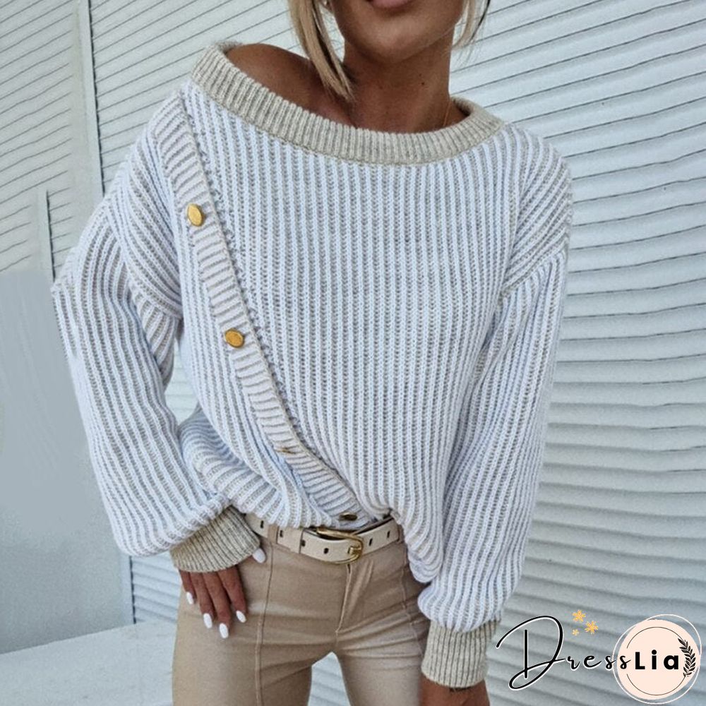 Autumn Winter O Neck Colorblock Button Decor Long Sleeve Warm Casual Knit Sweater Fashion Streetwear Ladies Tops Daily Wear