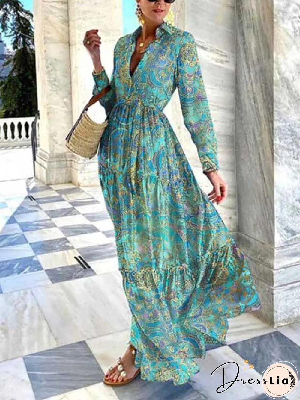Elegant Lapel Printed Slim Long Sleeve Dress