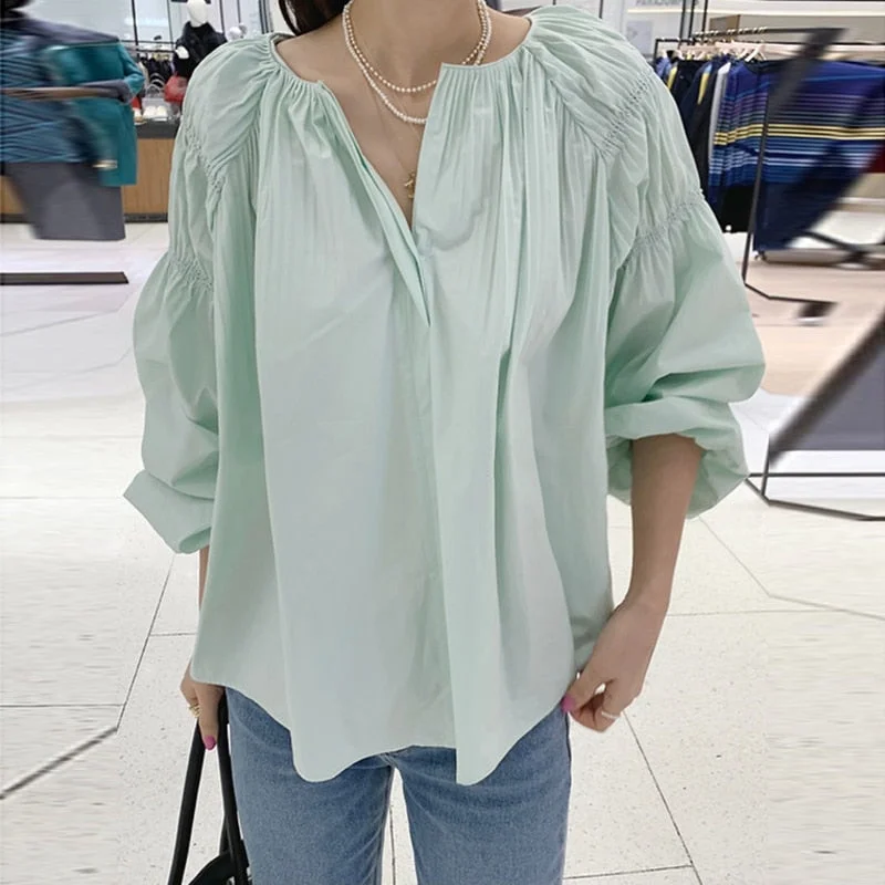 Spring Oversized Puff Long Sleeve Women Blouse New O Neck Pleated Fold Loose Tops Solid All-match Plus Size Shirt Blusas 13789