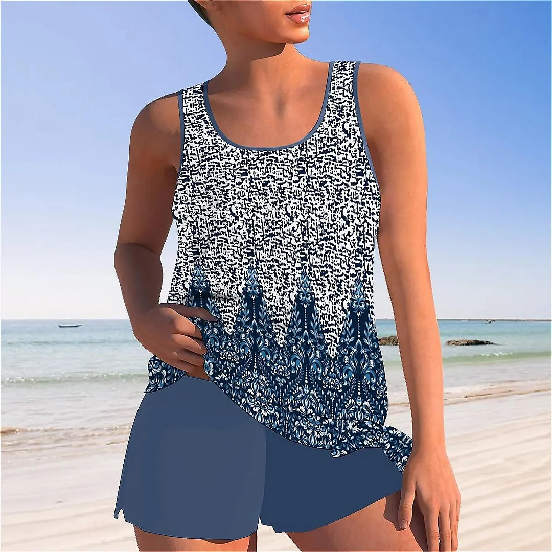 Bowknot Graphic,Blue,Gray Mid Waisted Tankini Set - Plus Size Available