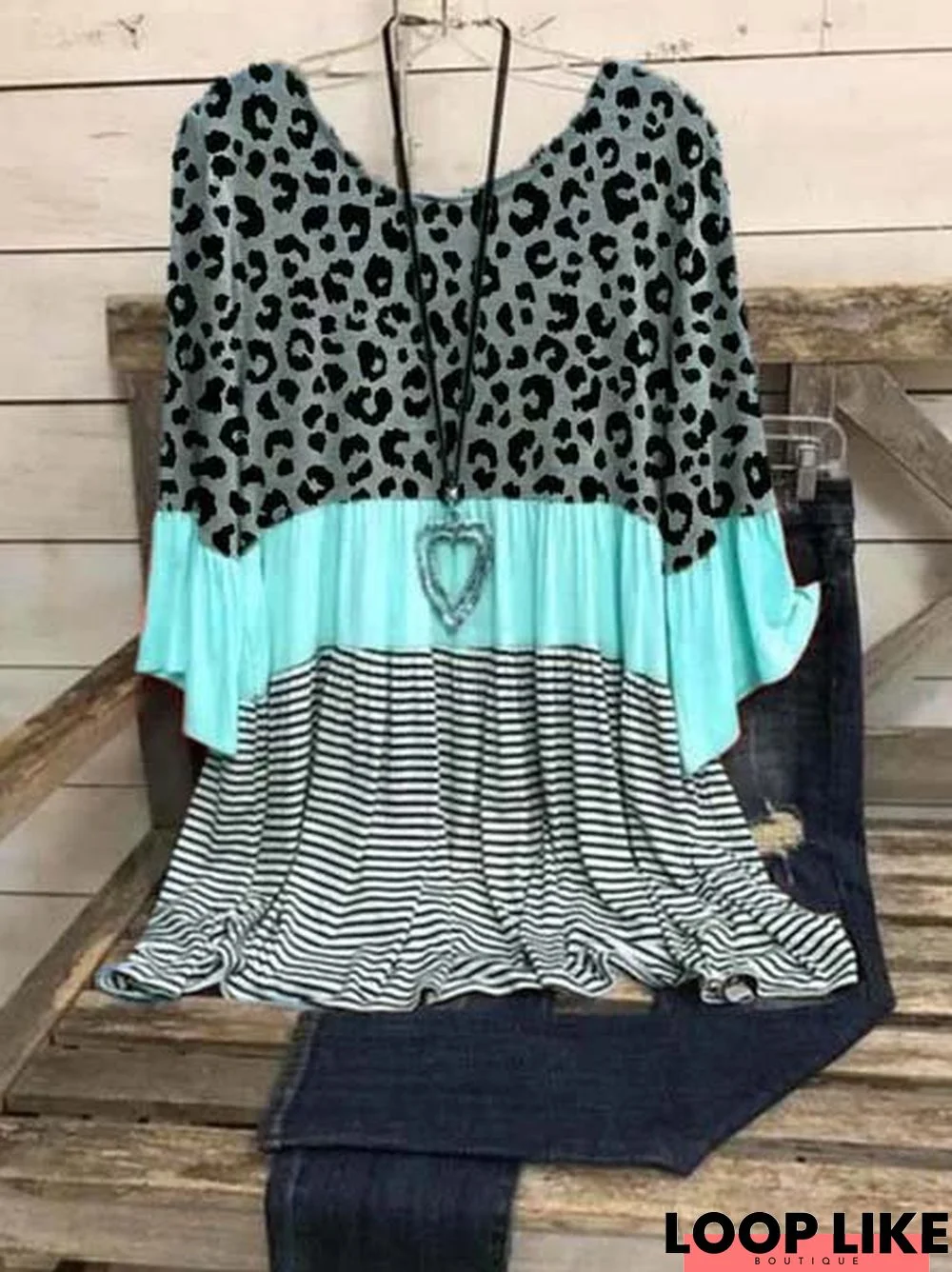 Casual Cotton-Blend 3/4 Sleeve Leopard-Print T-shirt