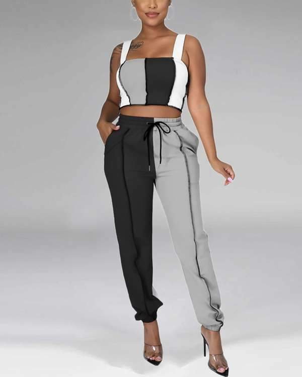 Color Block Spaghetti Strap Drawstring Top & Pants Set - Shop Trendy Women's Clothing | LoverChic