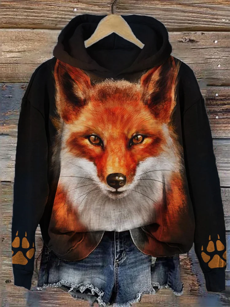 Forest Fox Art Paw Print Cozy Hoodie