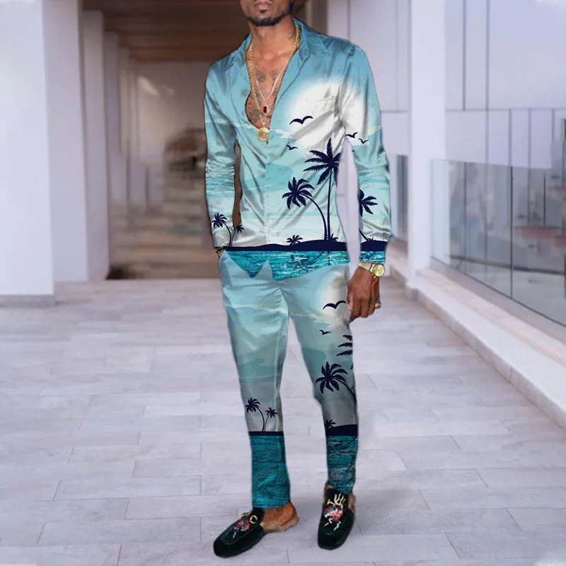 Men's chic casual blue coconut print shirt suit