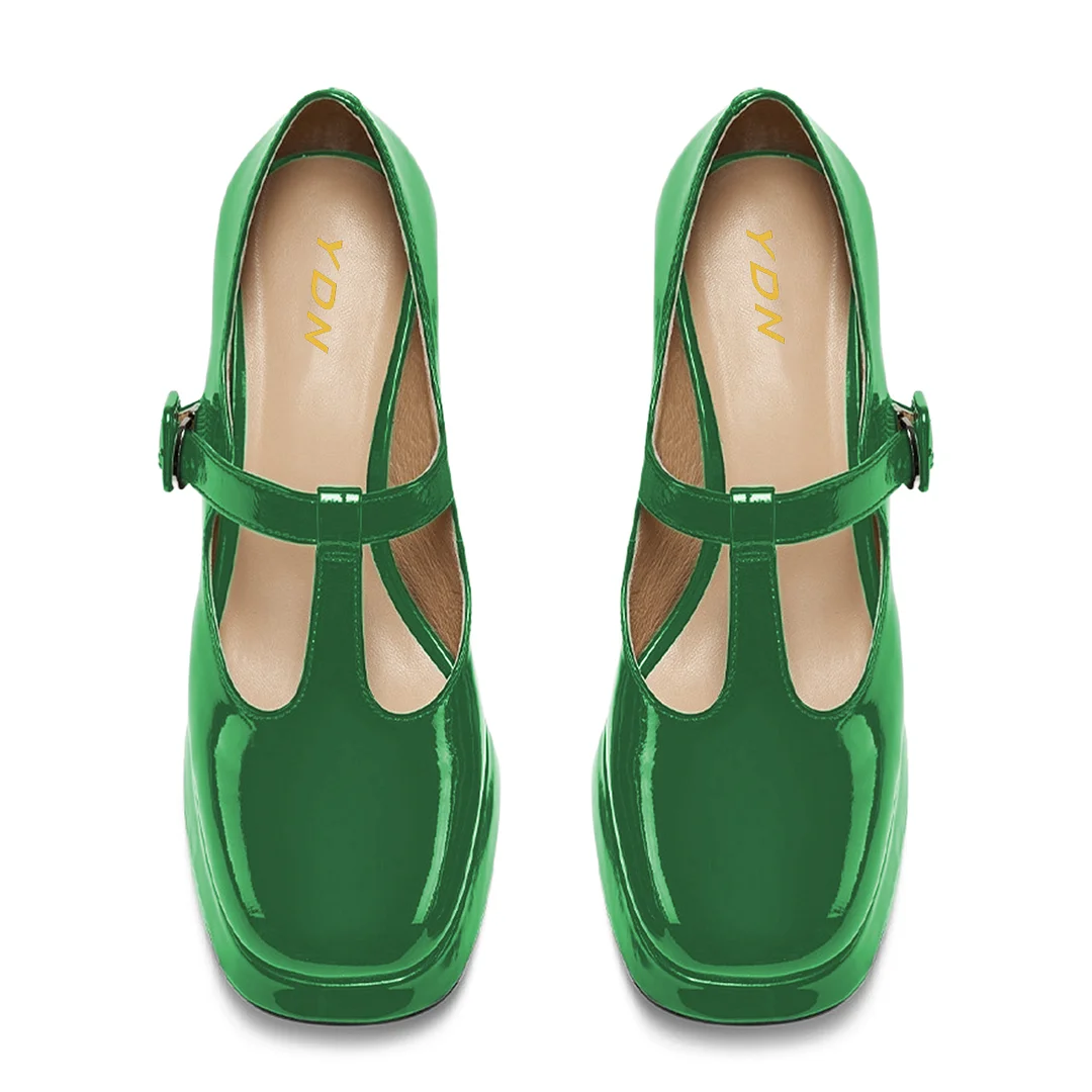 Green Patent Leather Square Toe Block Heel Platform Mary Janes