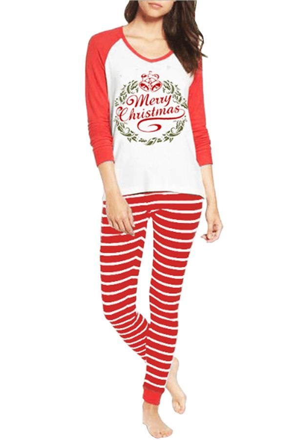 Long Sleeve Letter Print Striped Christmas Pajama Set Red - Shop Trendy Women's Clothing | LoverChic