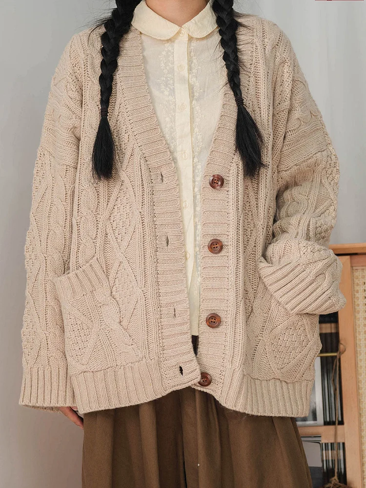 Women Winter Vintage Knitted Button Loose Sweater Cardigan
