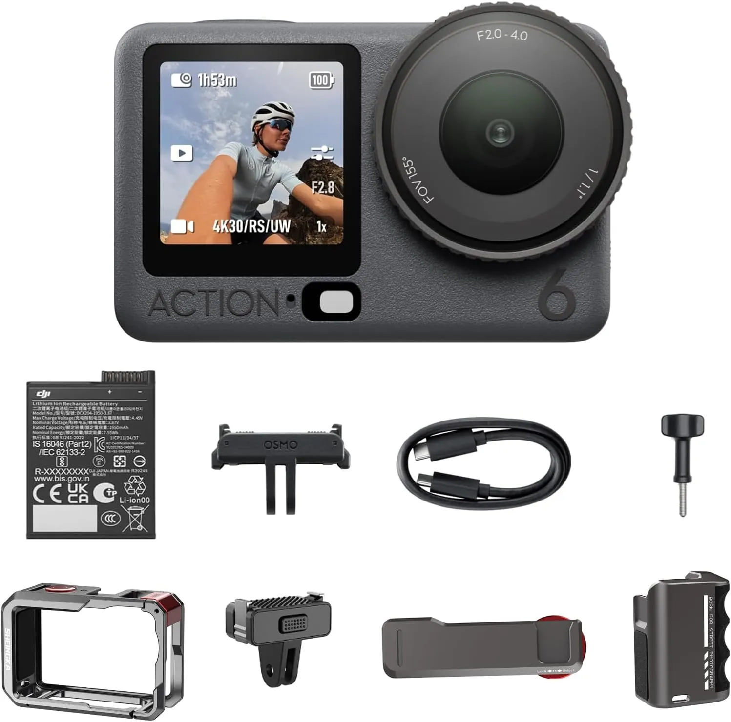 DJI Osmo Action 6 8K Waterproof Action Camera Bundle, 1/1.1" Square Sensor, Variable Aperture of f/2.0&ndash;f/4.0, 50GB Built-in Storage, Original Essential Combo + Street Photography Handle Kit