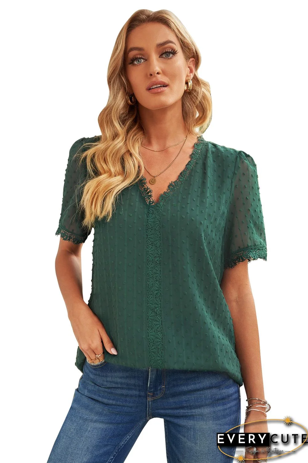 Green Lace Splicing V-Neck Swiss Dot Short Sleeve Top