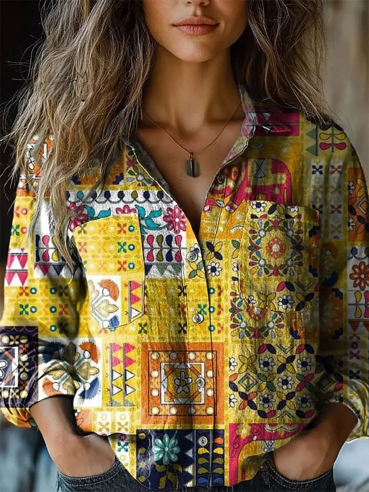 Women's Patchwork Art Print Casual Long Sleeve Comfortable Cotton Shirt