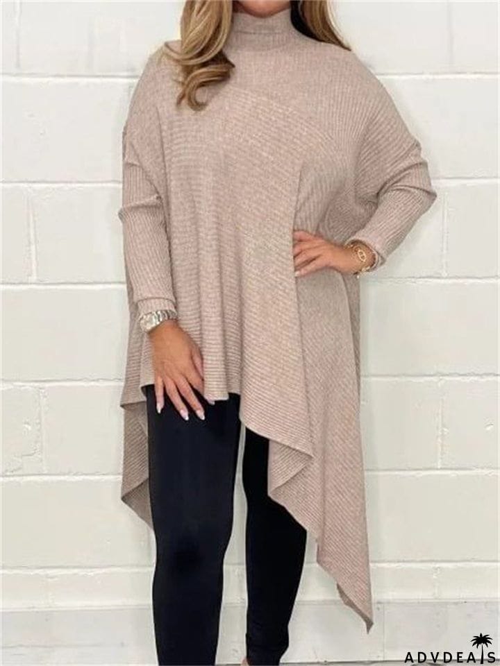 Women's Autumn Winter High Collar Irregular Hem Thread Knitted Shirts