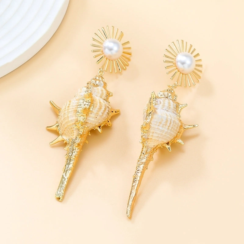 1 Pair Elegant Hawaiian Vacation SUNFLOWER (Jz001) Conch Inlay Alloy Imitation Pearl Shell Drop Earrings