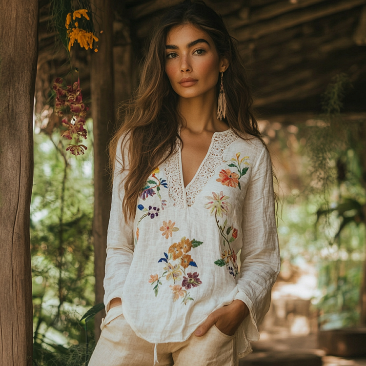 Utbros Retro Bohemian Floral Embroidery Art Graphics Casual Linen Blend Blouse