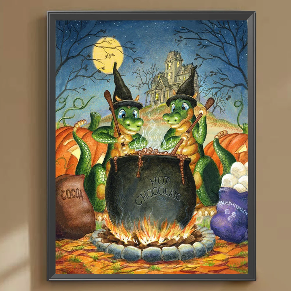 Full Round Diamond Painting 30*40cm - Green Dinosaur Cooking Soup
