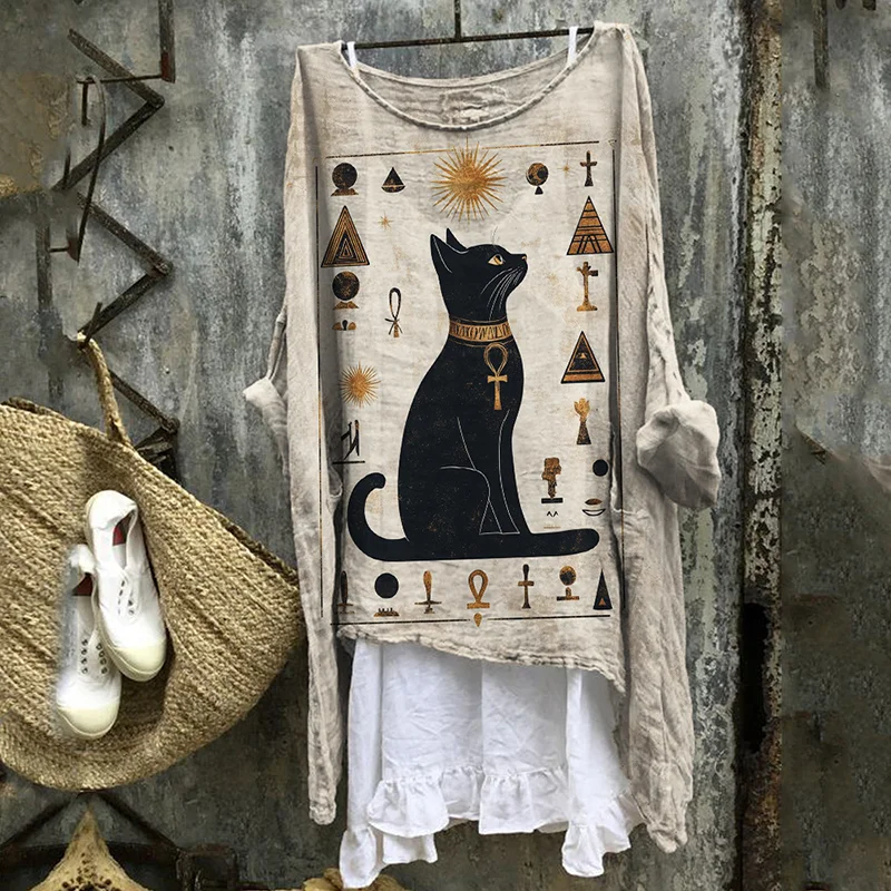 Black Cat Ancient Egyptian Art Flowy Linen Tunic