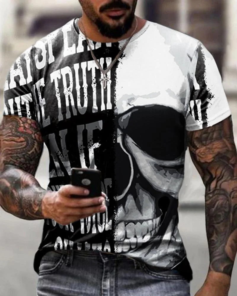 Casual Black Letter Stitching Skull Short-sleeved T-shirt