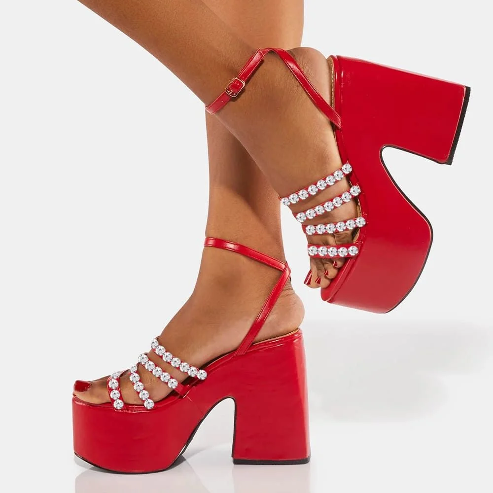 Red Patent Leather Platform Rhinestones Ankle Strap Chunky Heel Sandals Nicepairs