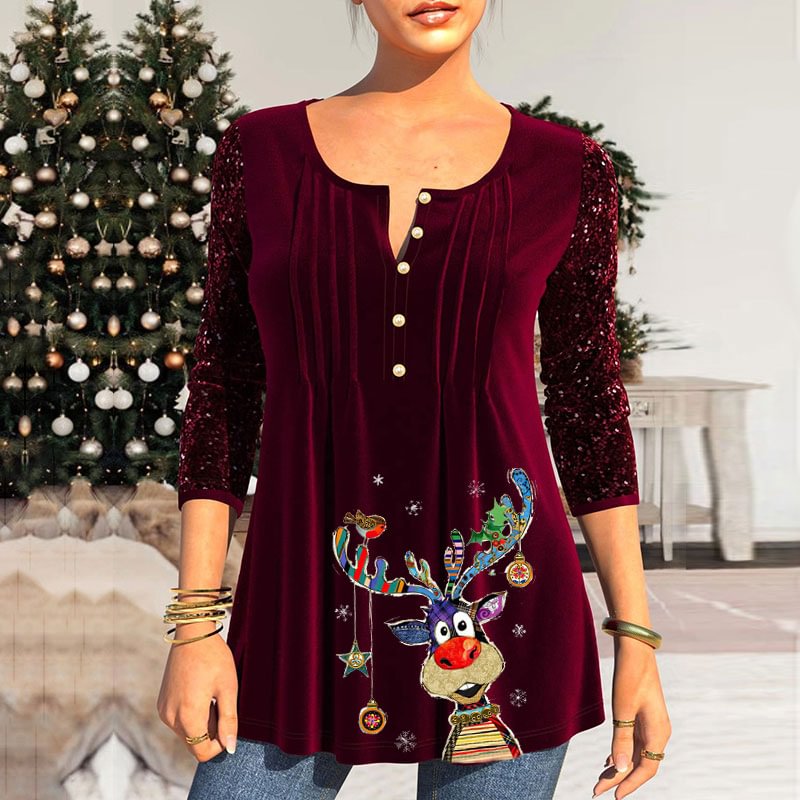 Fashion Christmas Deer Patterns Red Button Up Ladies Tops