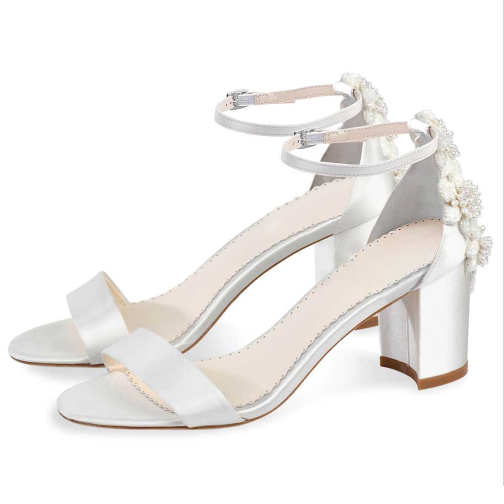 Women's White Satin Open Toe Pearl & Beaded Flower Wedding Heels Nicepairs