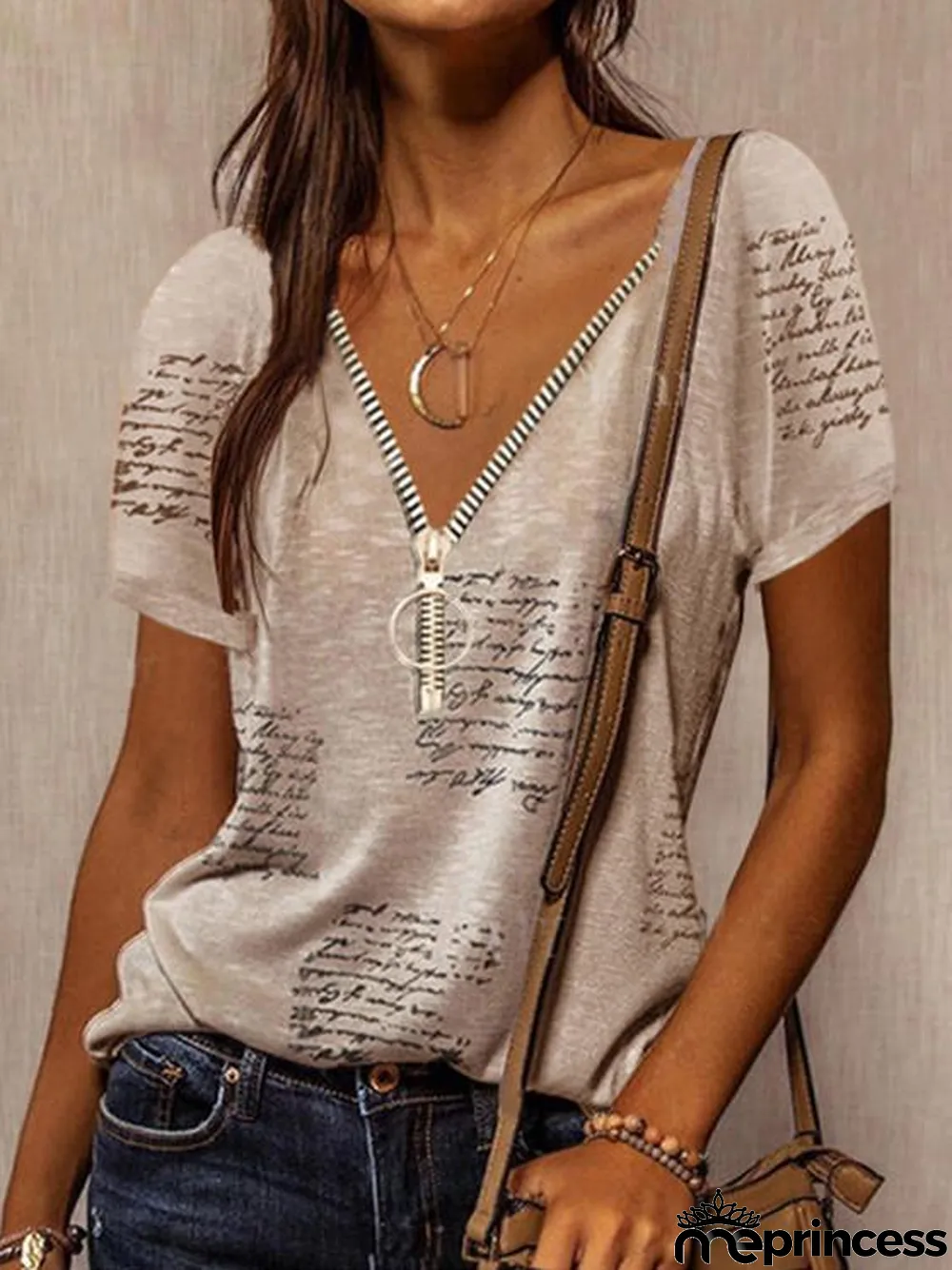 Women Short Sleeve V-neck Printed Zipper Top