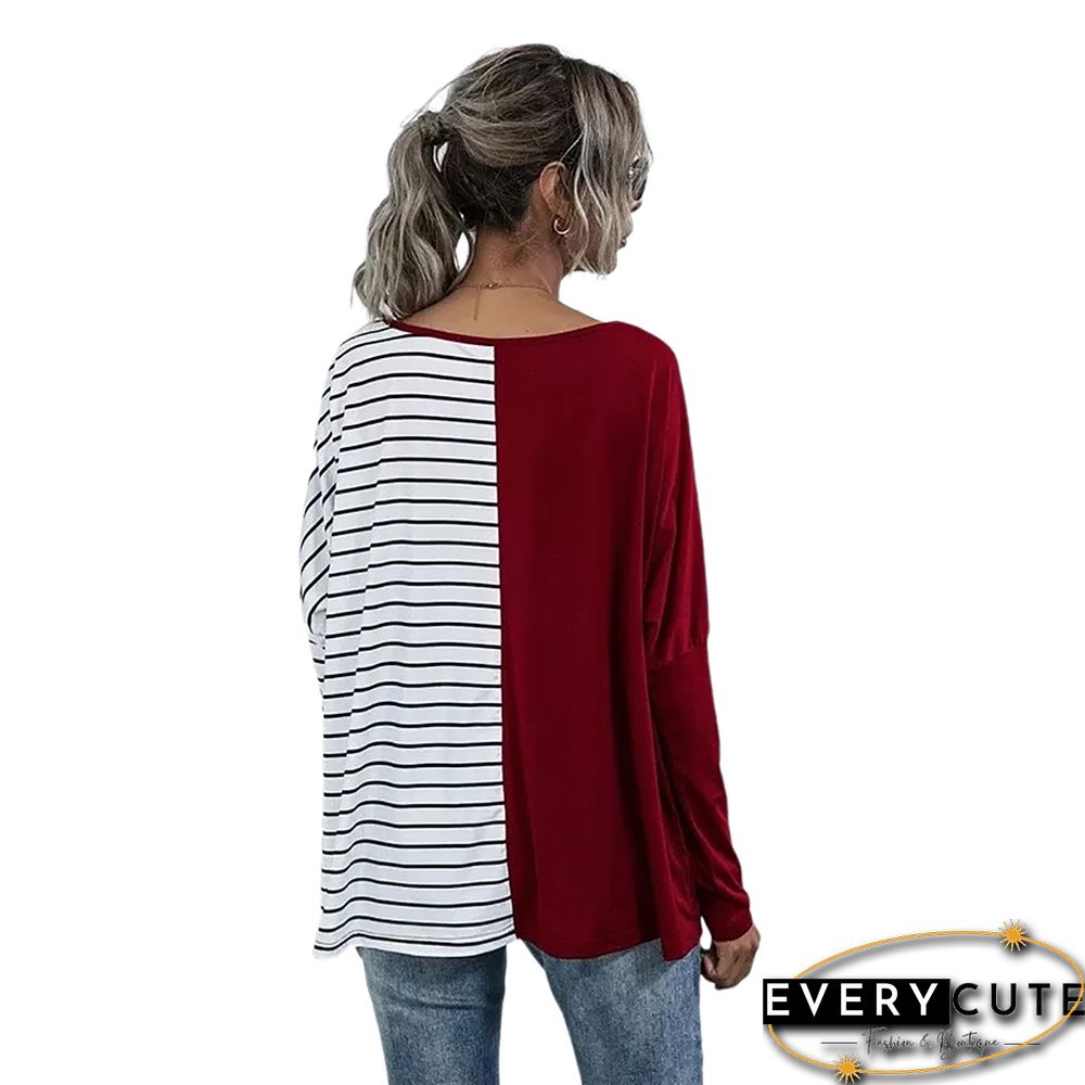 Red Stripe Contrast Long Sleeve Tops