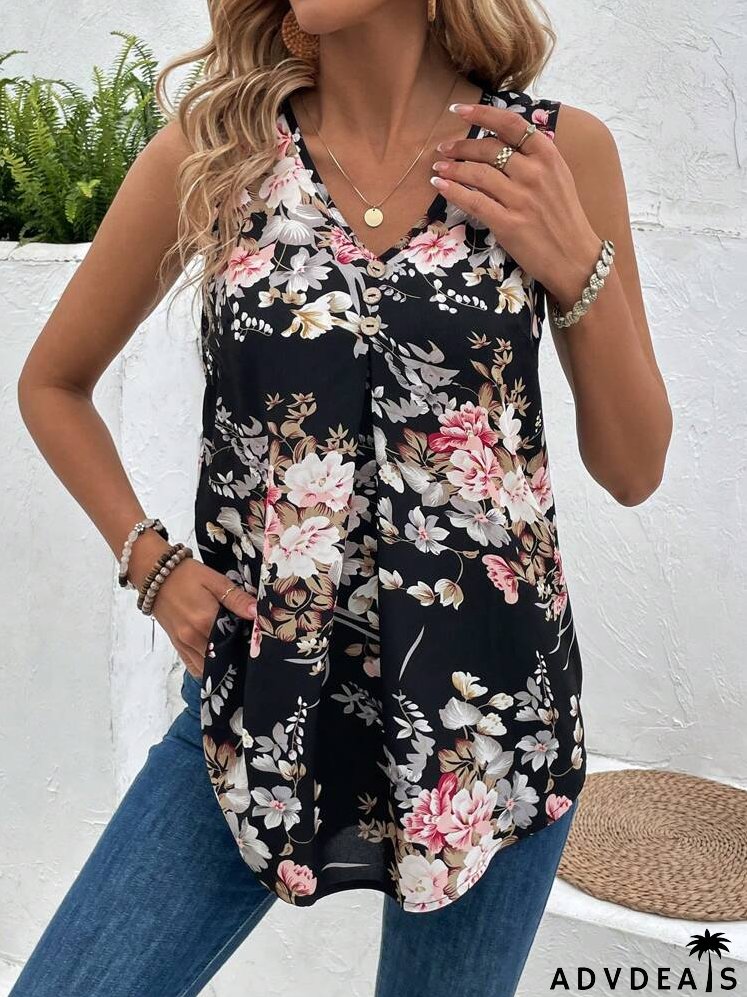 Floral Printed V-Neck Sleeveless Vest Top For Women, Summer