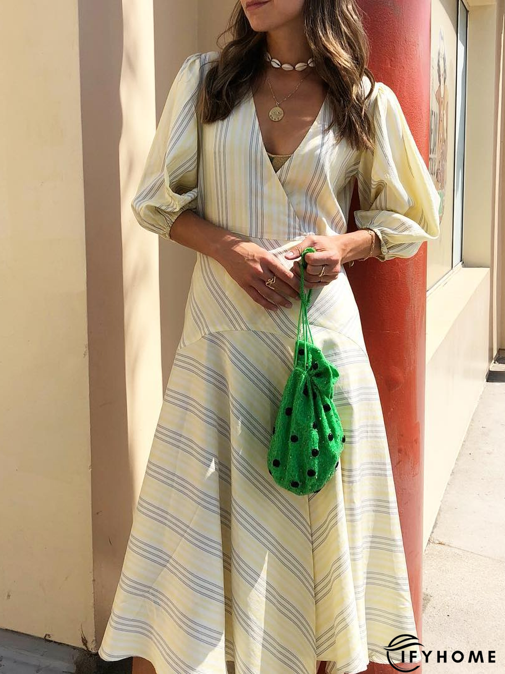 V Neck Vacation Striped Regular Fit Dress | IFYHOME