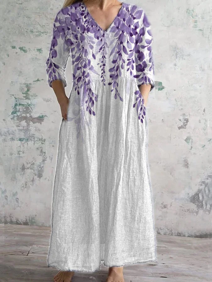 Women's Elegant Sleeve and Floral Print V-Neck Dress