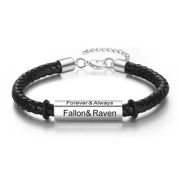 Men Leather Bracelet  Engraved 4 Names Family Bar Bracelet