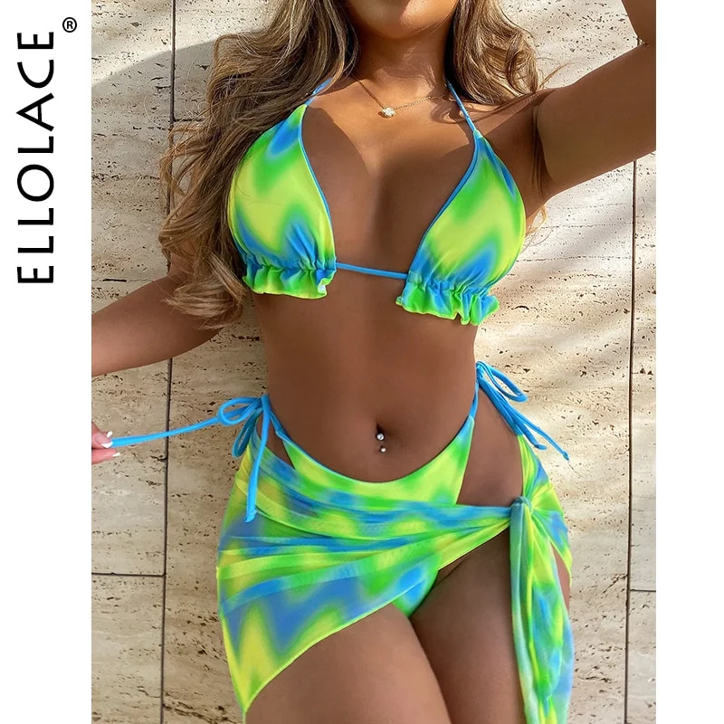 Billionm Ellolace Tie Die Bright Green Women's Swimsuit And Cover Up Micro Bikini Print Swimwear Stylish Feminine Bikinis Bathing Suit