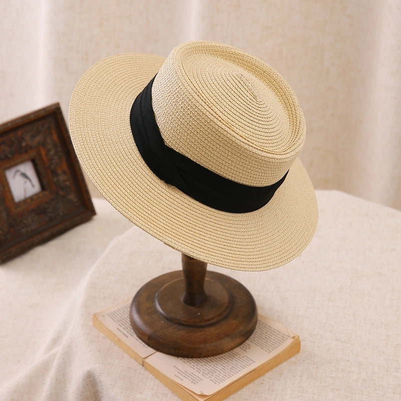 Big Head Straw Hat Women’s Flat Top Hat Flat Brim Sunshade Hat Fashionable Women’s Straw Sun Hat Showing Small Face