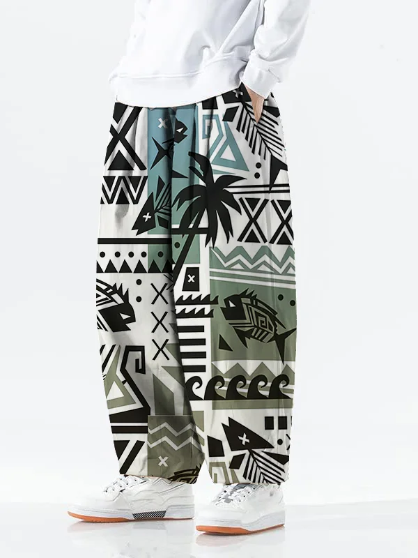 Men's Hawaiian Abstract Fish Coconut Trees Print Drawstring Waist Casual Sweatpants
