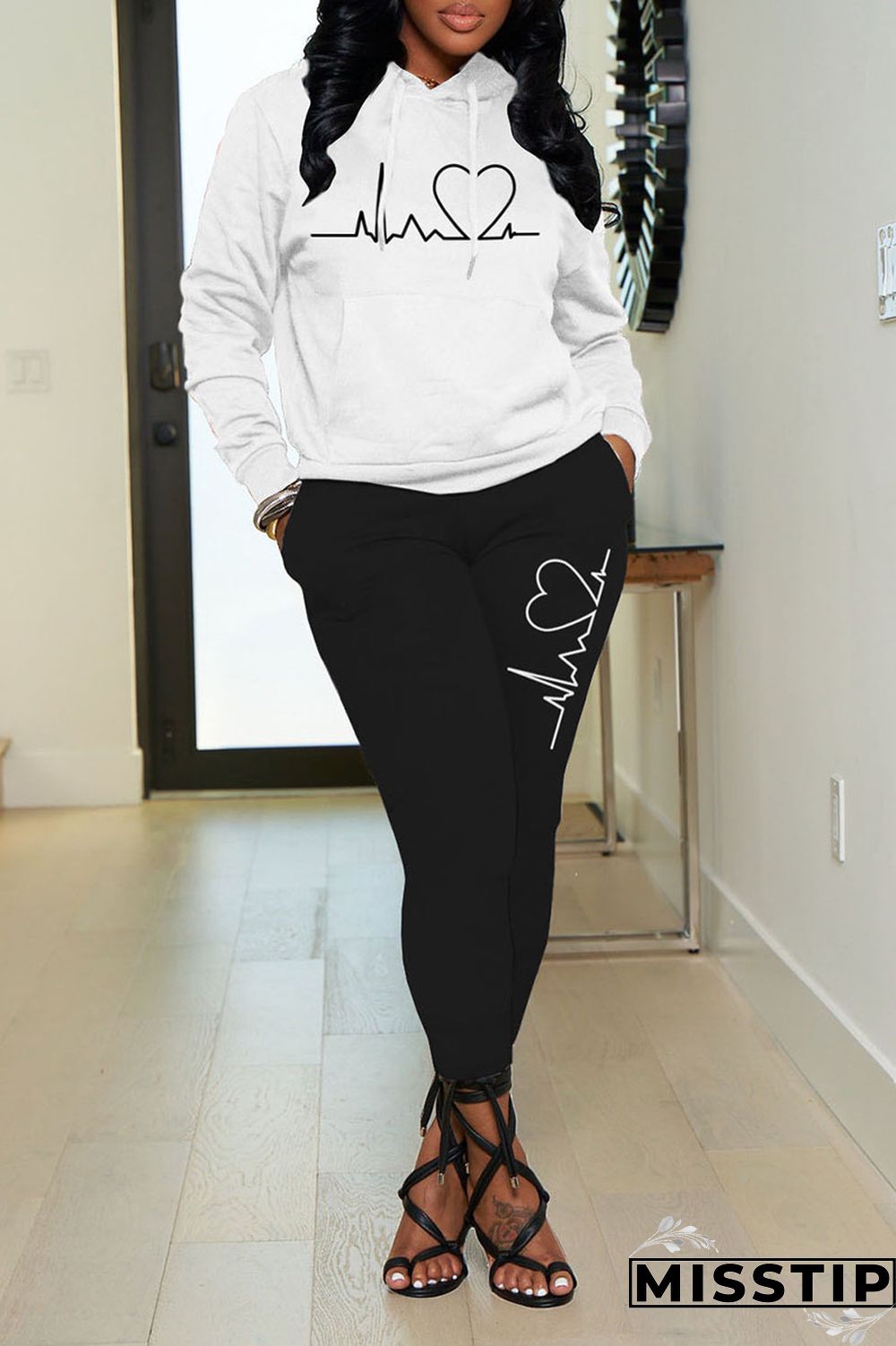 White Casual Print Patchwork Hooded Collar Long Sleeve Two Pieces