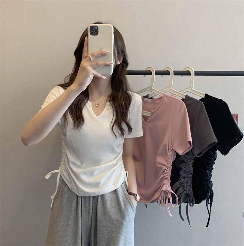Uveng Uveng Sense V-Neck Draw Rope Slim Pure Desire Wind Short Sleeve T-Shirt Women's Wear 2024 Summer New Solid Color Student Jacket Tide