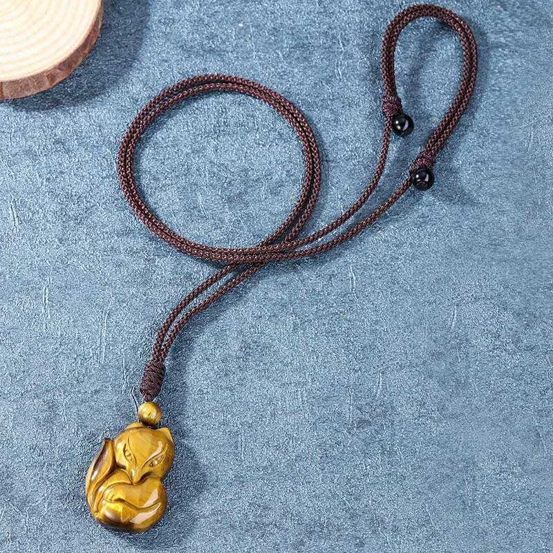 Natural Black Obsidian Tiger Eye Ice Obsidian Fox Pendant Amulet Necklace