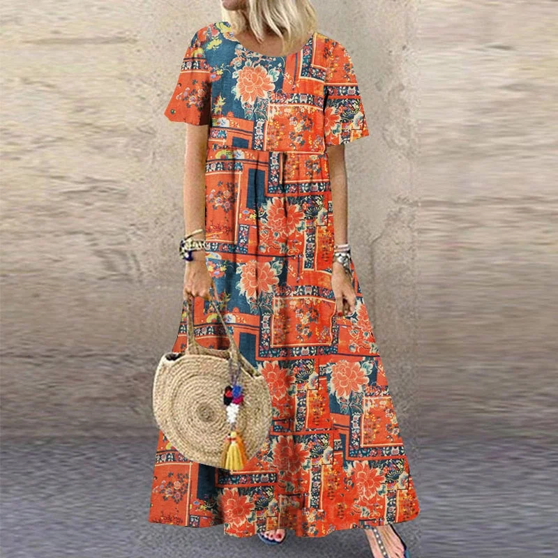 2022 ZANZEA Bohemian Holiday Sundress Summer Women Vintage Floral Printed Short Sleeve Beach Dress Loose Long Vestido Robe Femme