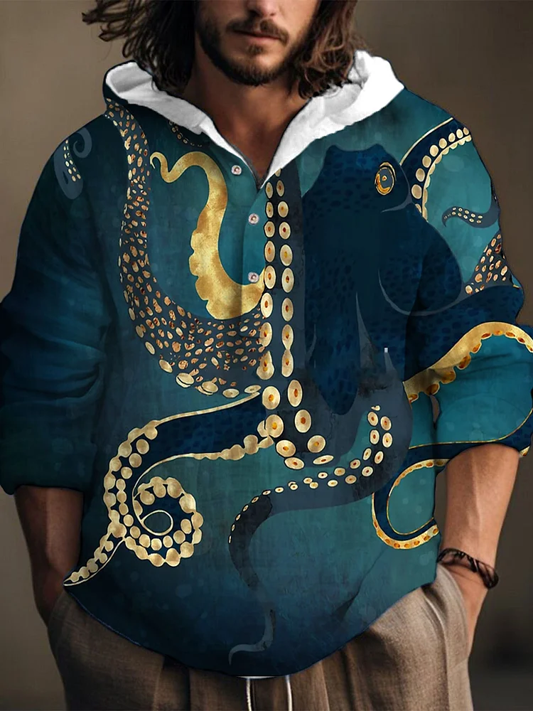 Dark Green Octopus Ocean Art Linen Hooded Long Sleeve Shirt