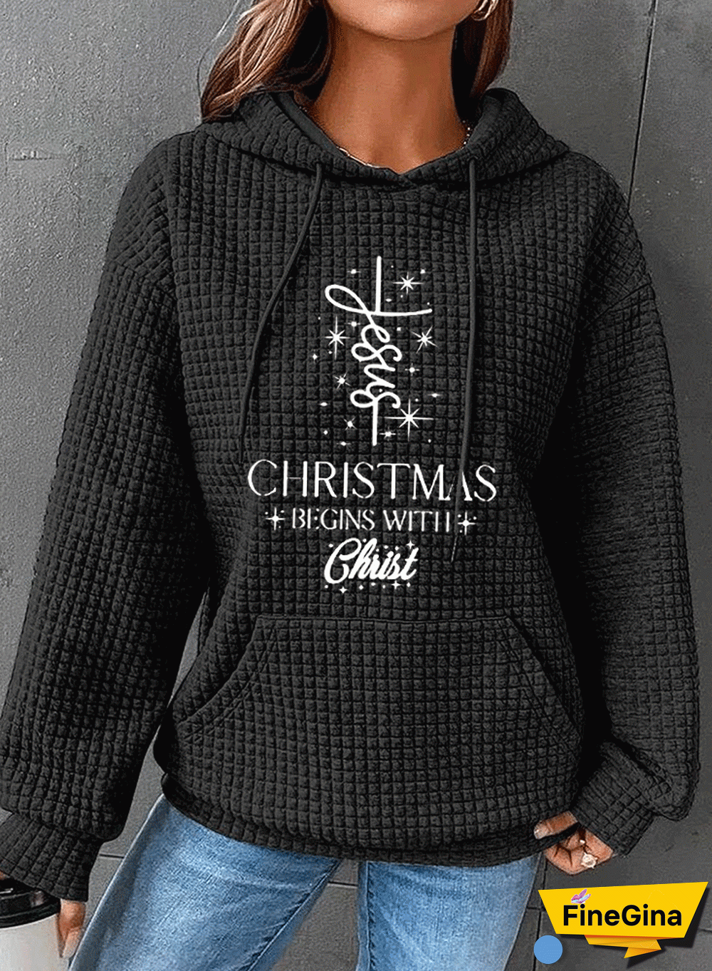 Women's Christmas Begins with Jesus Print Waffle Hoodie