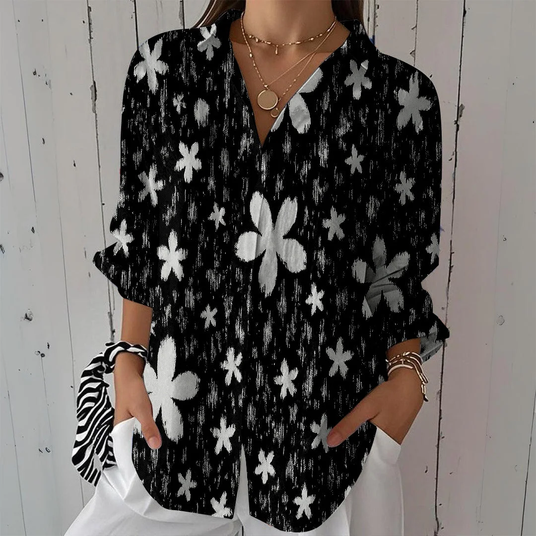 Style & Comfort for Mature Women Women Floral, Black, White DZCL0156 3/4 Sleeve Shirt Collar Printed Button Tops