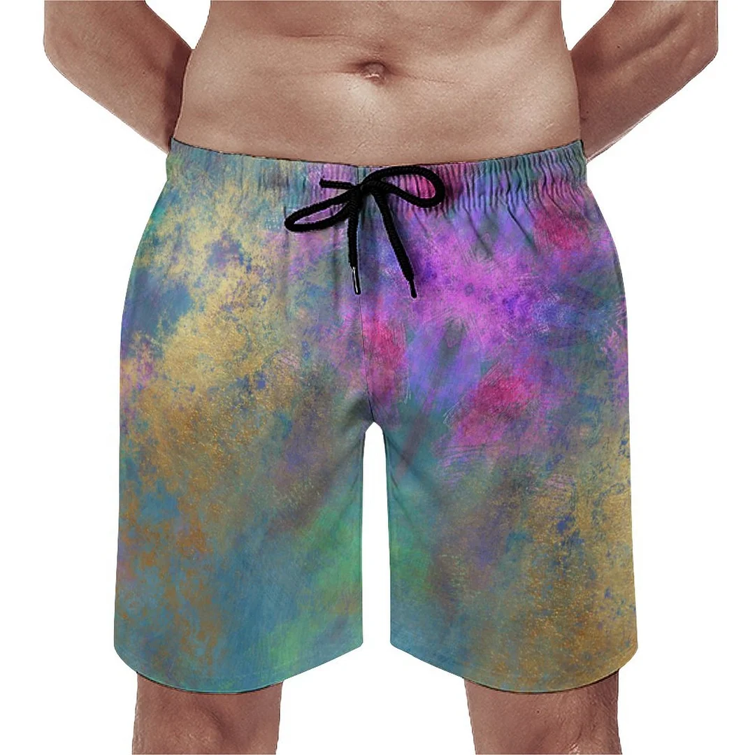Artsy Teal Pink Green Faux Golden Men's Swim Trunks Summer Board Shorts Quick Dry Beach Short with Pockets