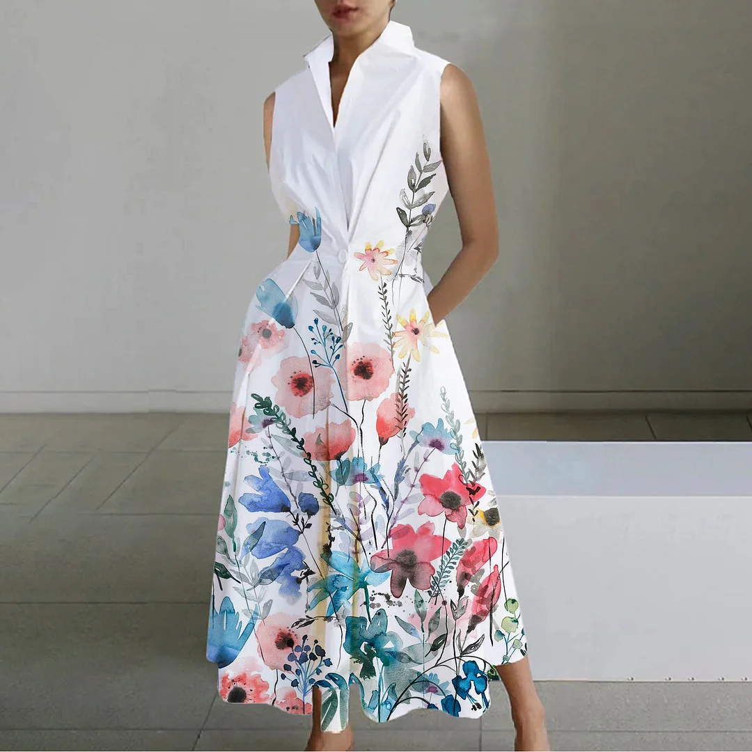 Commuter Fashion Floral V-Neck Sleeveless Dress