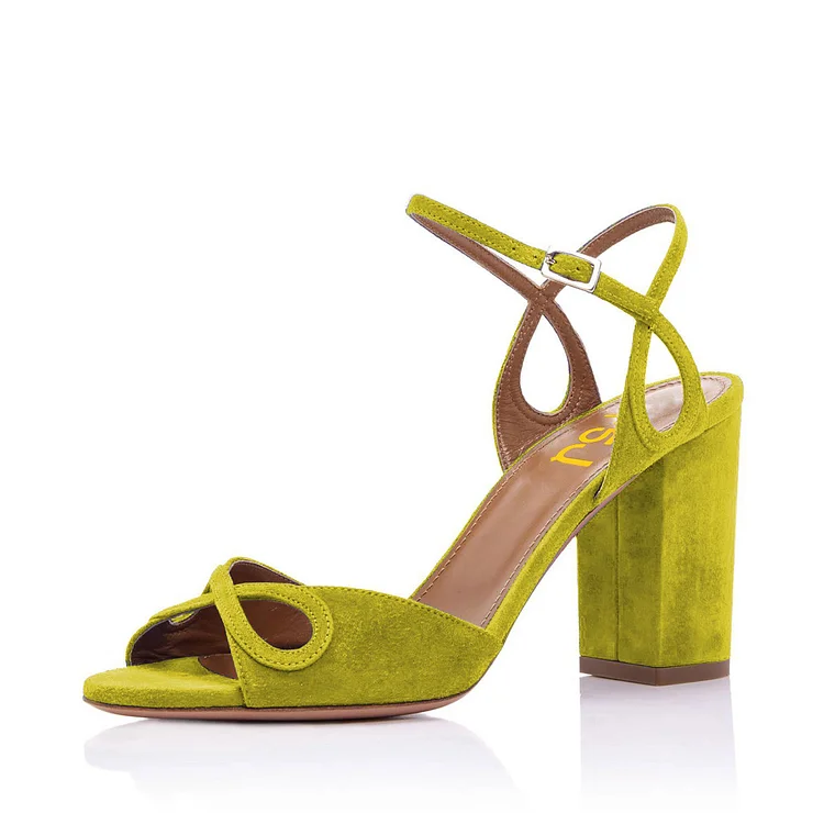 Moss Green Slingback Heels Sandals Vegan Suede Peep Toe Block Heel Sandals |FSJ Shoes