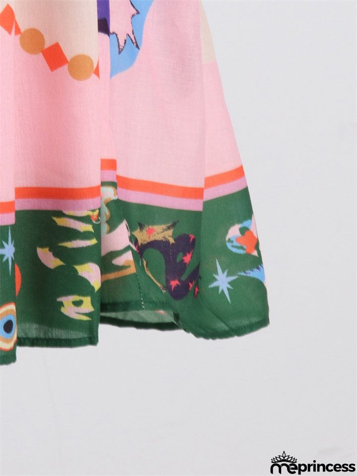 Bohemian Casual Lapel Button Lantern Sleeve Printed Ladies Dress